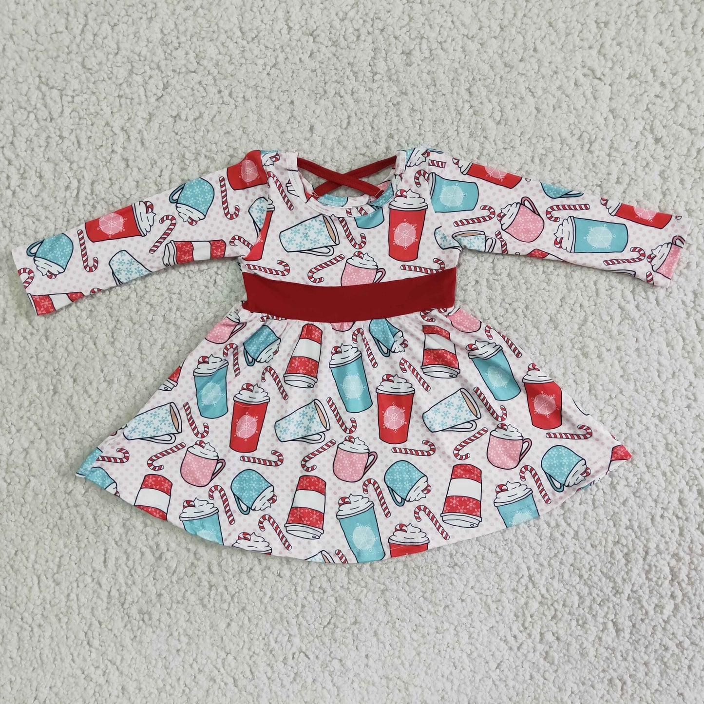 Cup candy cane long sleeve girls twirl Christmas dresses