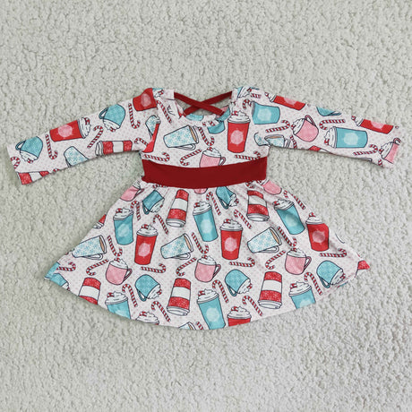 Cup candy cane long sleeve girls twirl Christmas dresses