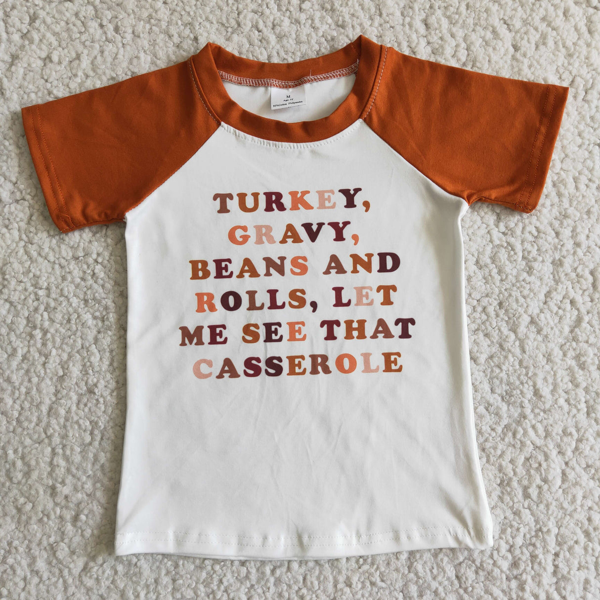 Turkey casserole screen print brown short sleeve boy thanksgiving raglan