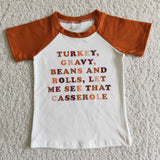 Turkey casserole screen print brown short sleeve boy thanksgiving raglan