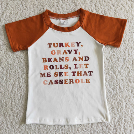 Turkey casserole screen print brown short sleeve boy thanksgiving raglan