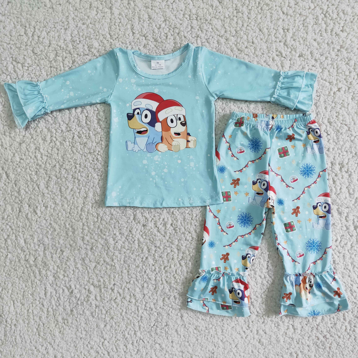 Blue dog print ruffle pants girls Christmas clothing