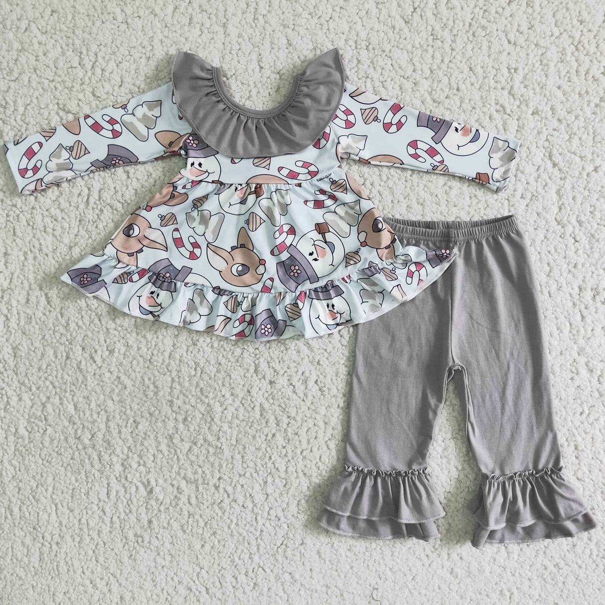 Reindeer print backless tunic ruffle pants girls Christmas clothes