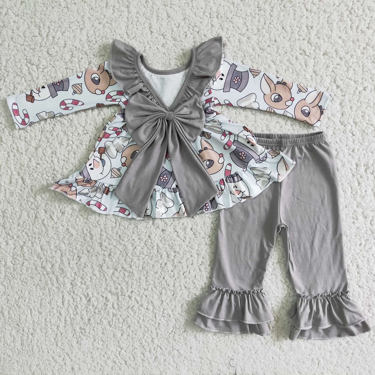 Reindeer print backless tunic ruffle pants girls Christmas clothes