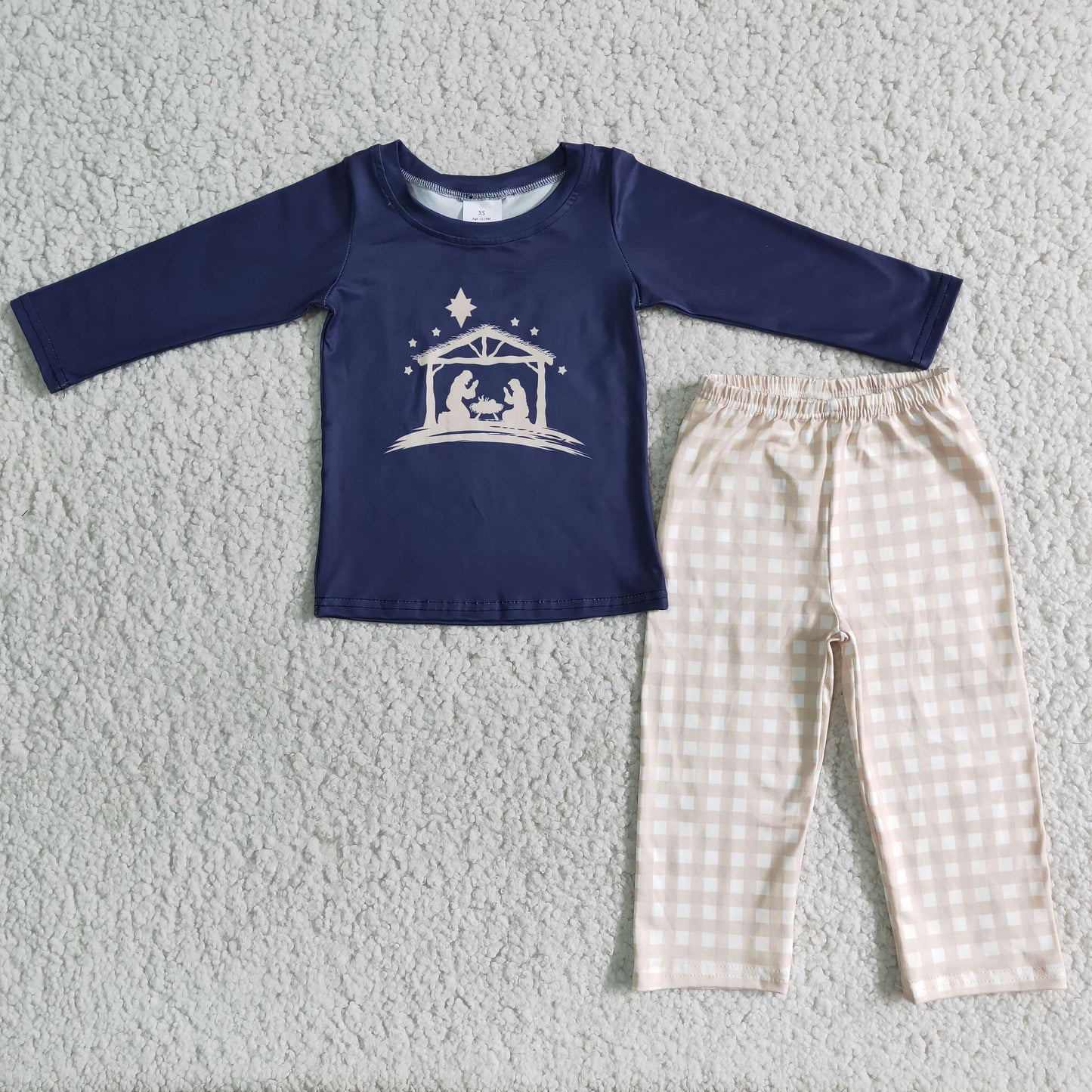 Nativity print navy shirt plaid pants boy Christmas clothing