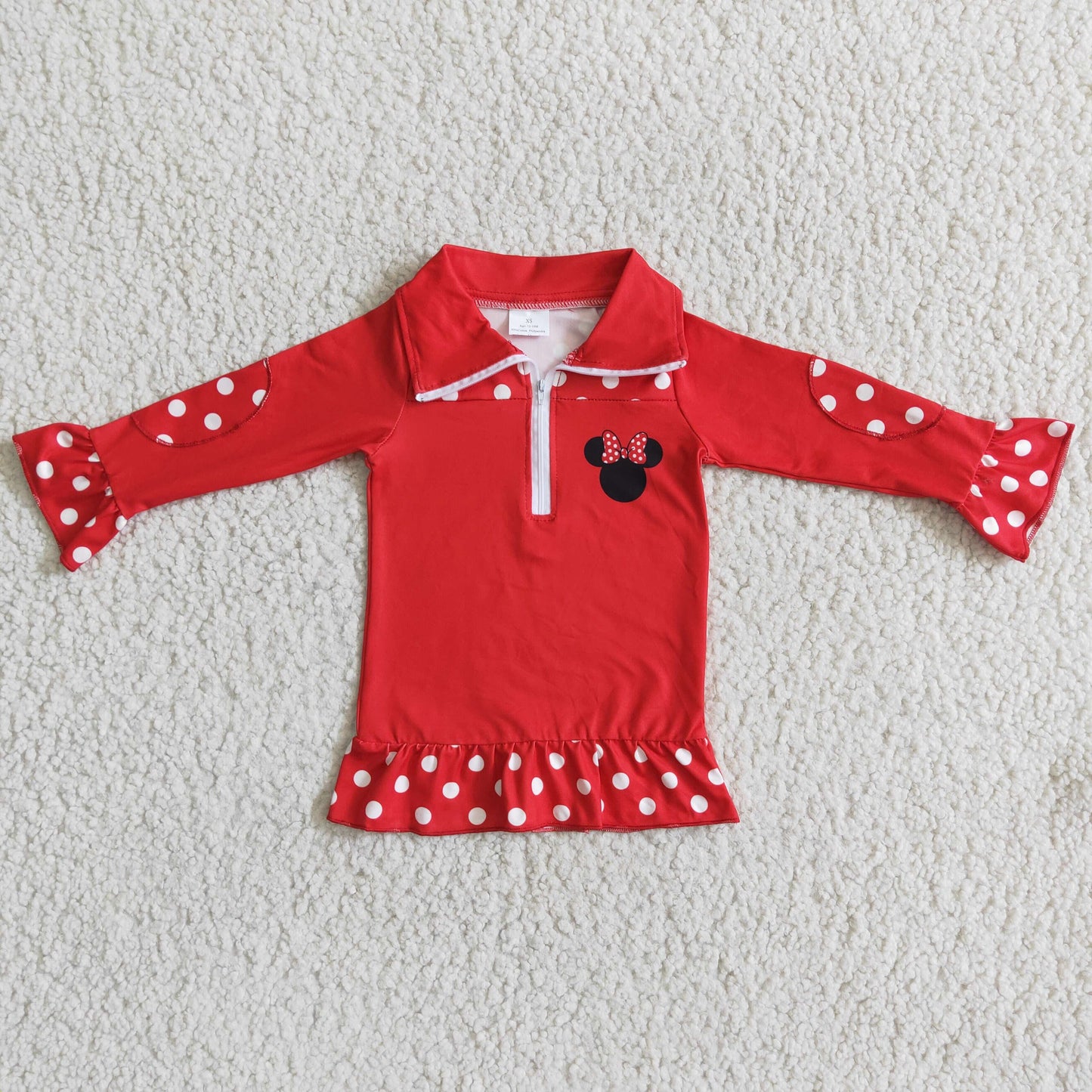 Red polka dots screen print zipper mouse girls pullover