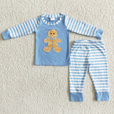 Gingerbread embroidery cotton blue top stirpe boy Christmas pjs