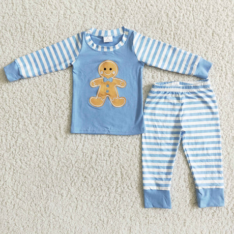 Gingerbread embroidery cotton blue top stirpe boy Christmas pjs