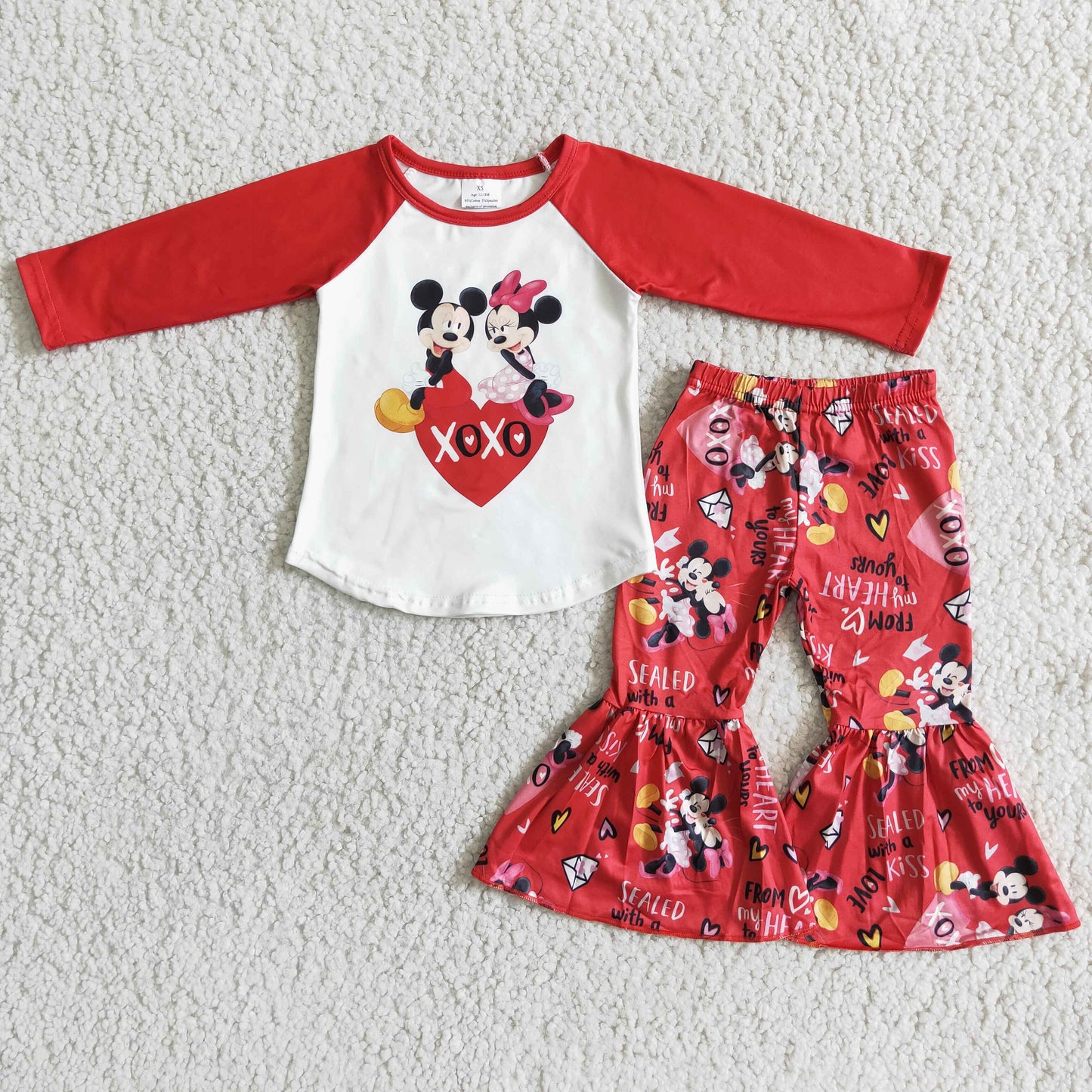Heart mouse print red bell bottom pants girls Valentine's day clothing