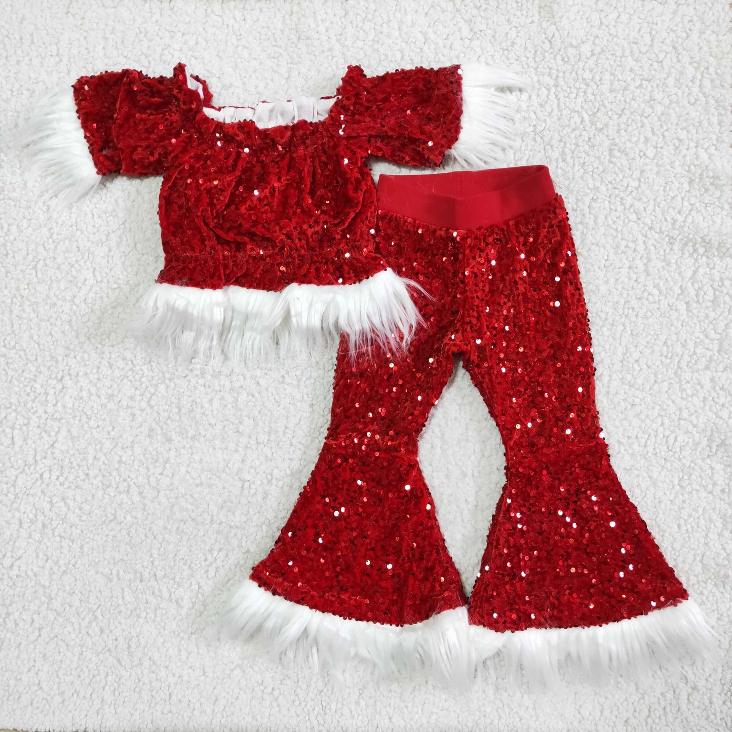 Soft lining red sequin top match bell bottom pants girls Christmas clothing