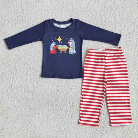 Nativity navy shirt stripe pants boy Christmas outfits