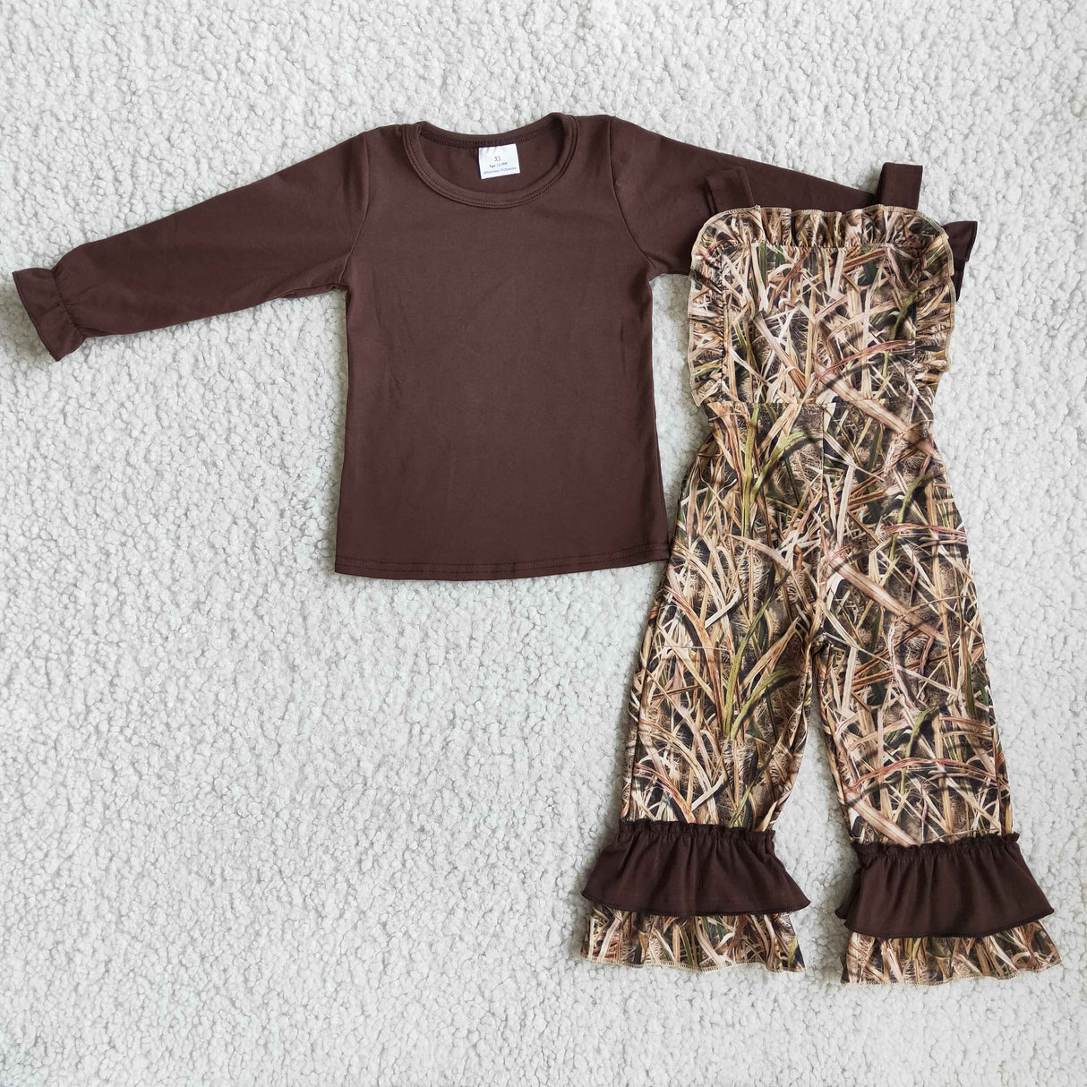 Brown cotton shirt camo overalls girls boutique clothing