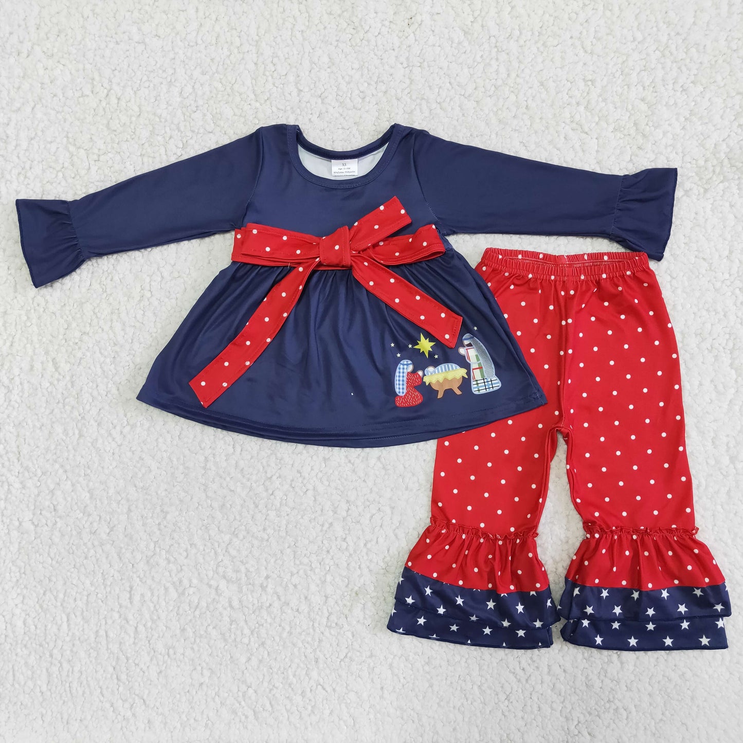Navy Nativity print belt tunic polka dots ruffle pants girls Christmas clothes