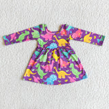 Dinosaur print long sleeve girls dresses