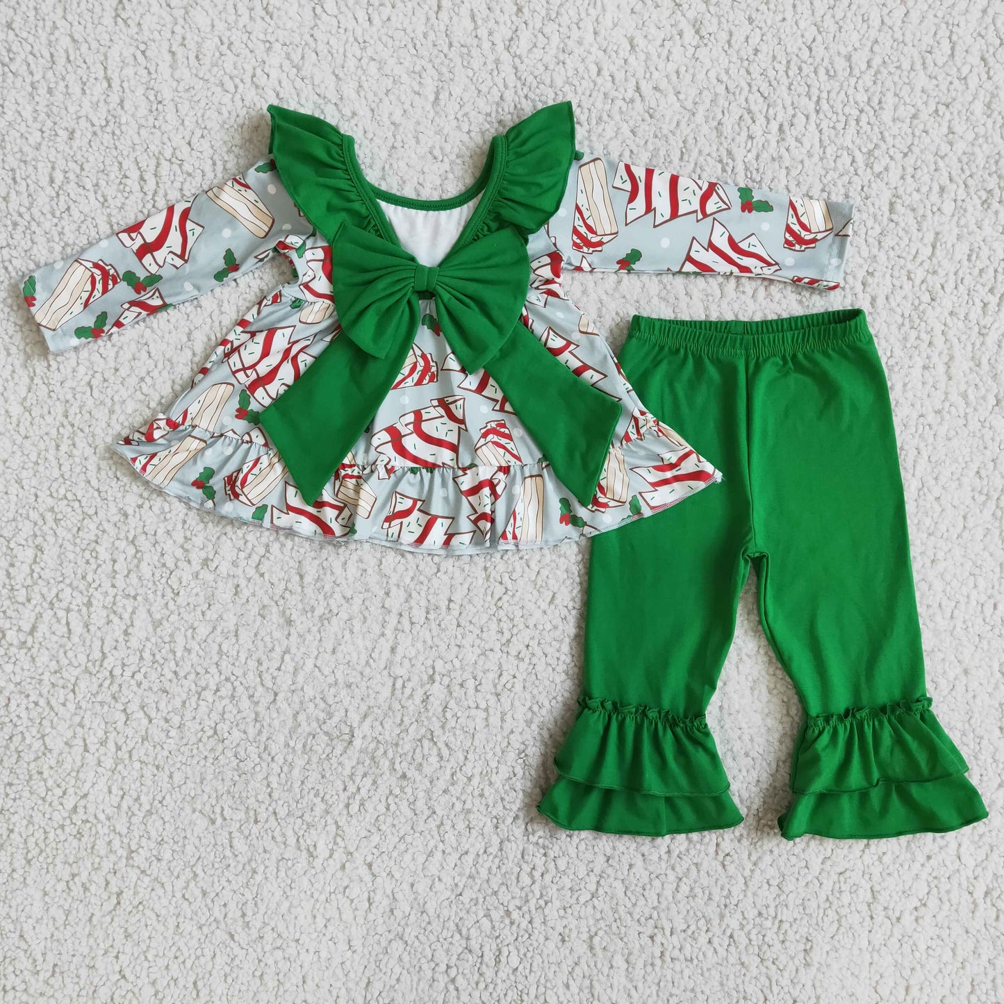 Christmas tree cakes backless tunic green pants girls boutique clothing set