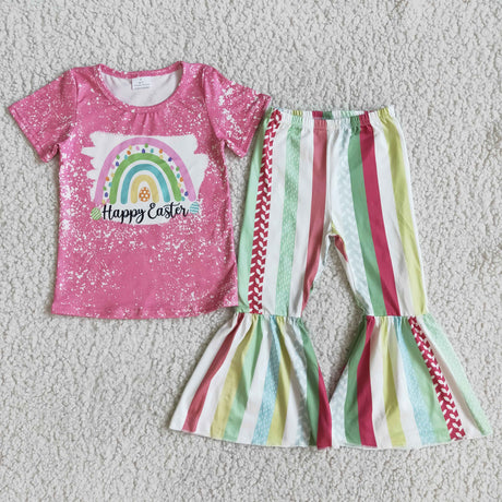 Happy easter rainbow shirt stripe pants girls boutique clothing set