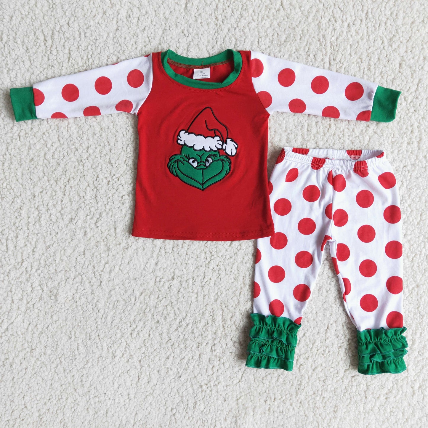 Cute green face embroidery girls cotton Christmas pajamas
