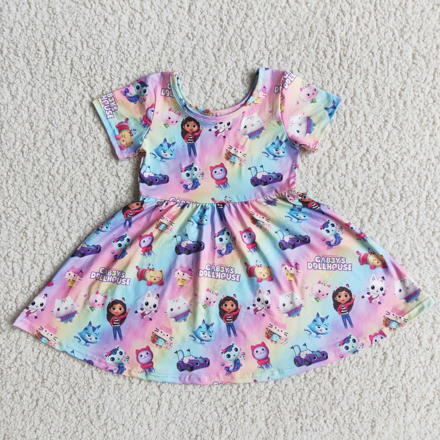 Cute cat print short sleeve baby girls twirl dresses