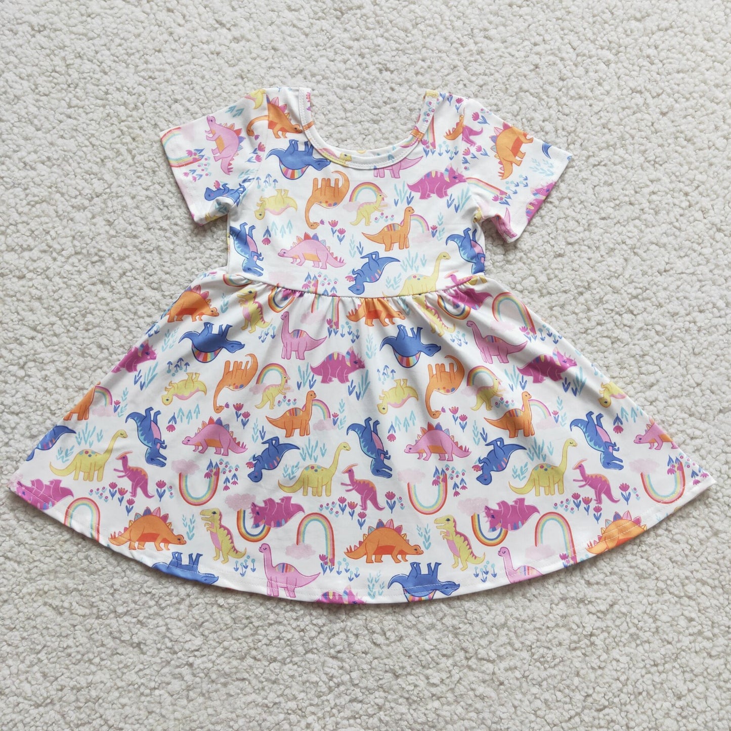 Dinosaur print short sleeve baby girls twirl dresses