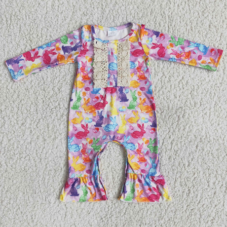 Long sleeve colorful bunny baby girls easter romper