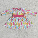 Colorful bunny long sleeve girls twirl easter dresses