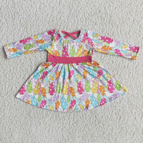 Colorful bunny long sleeve girls twirl easter dresses