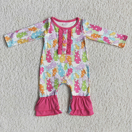 Cute bunny long sleeve ruffle baby girls easter romper