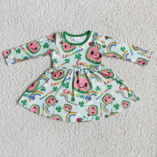 Cute print long sleeve baby girls st patrick's day twirl dresses