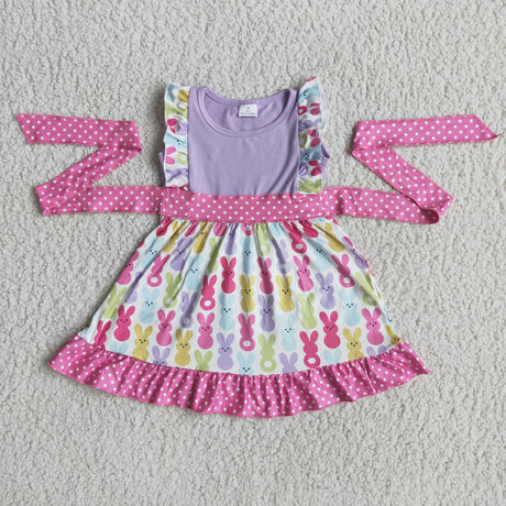 Flutter sleeve purple bunny print girls easter dresses