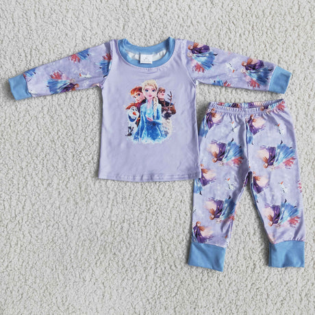 Light purple long sleeve cute print girls fall winter princess pajamas