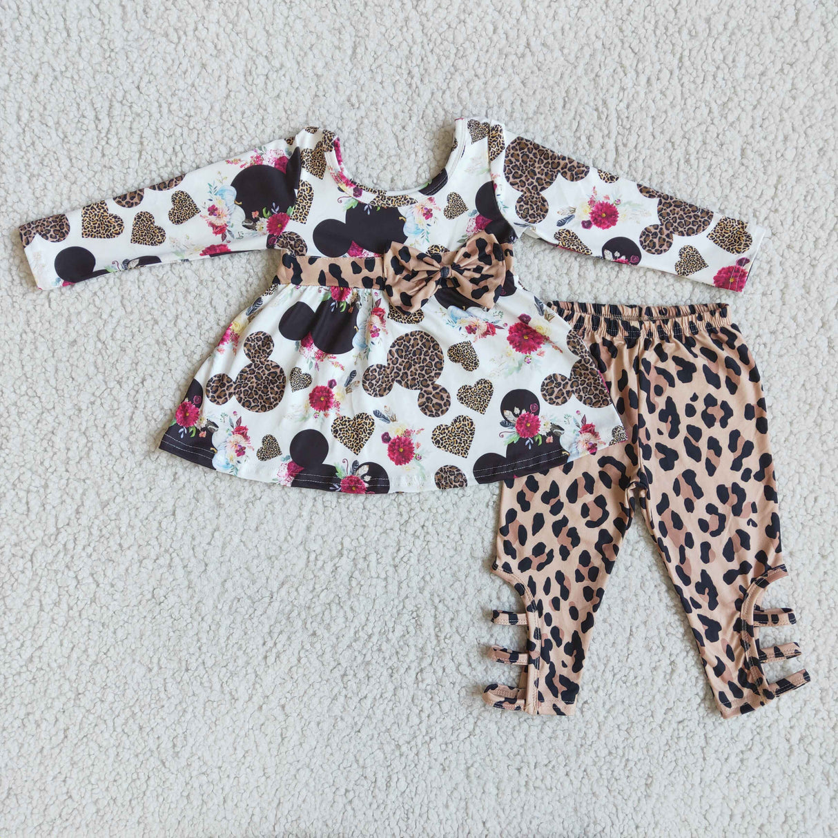 Floral leopard bow tunic criss cross leggings girls valentine's day clothing