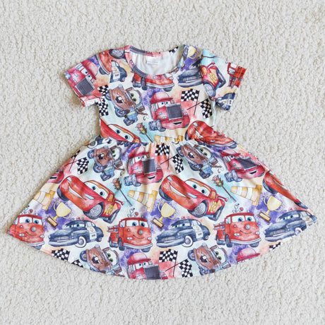 Short sleeve car print baby girls twirl dresses