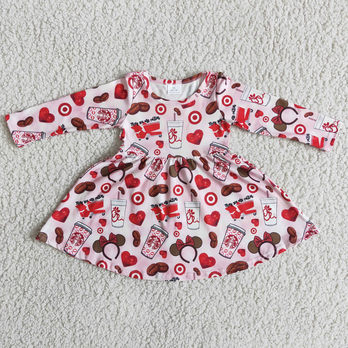 Long sleeve coffee drink cart girls twirl dresses