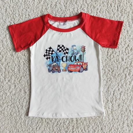Red short sleeve screen car print boy shirt