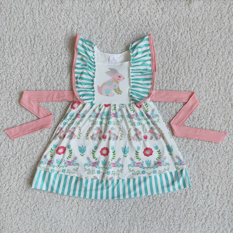 Bunny print flutter sleeve belt baby girls easter dresses