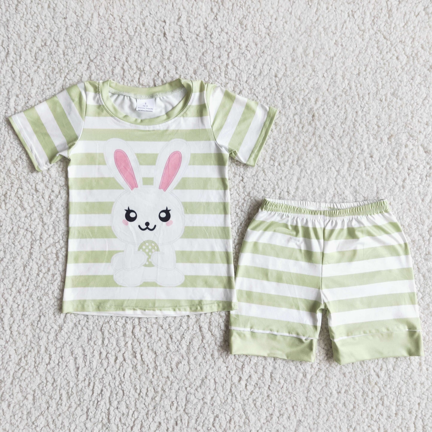 Green stripe bunny print shirt shorts boy easter pajamas