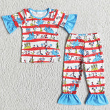 Blue cat ruffle short sleeve baby girls pajamas