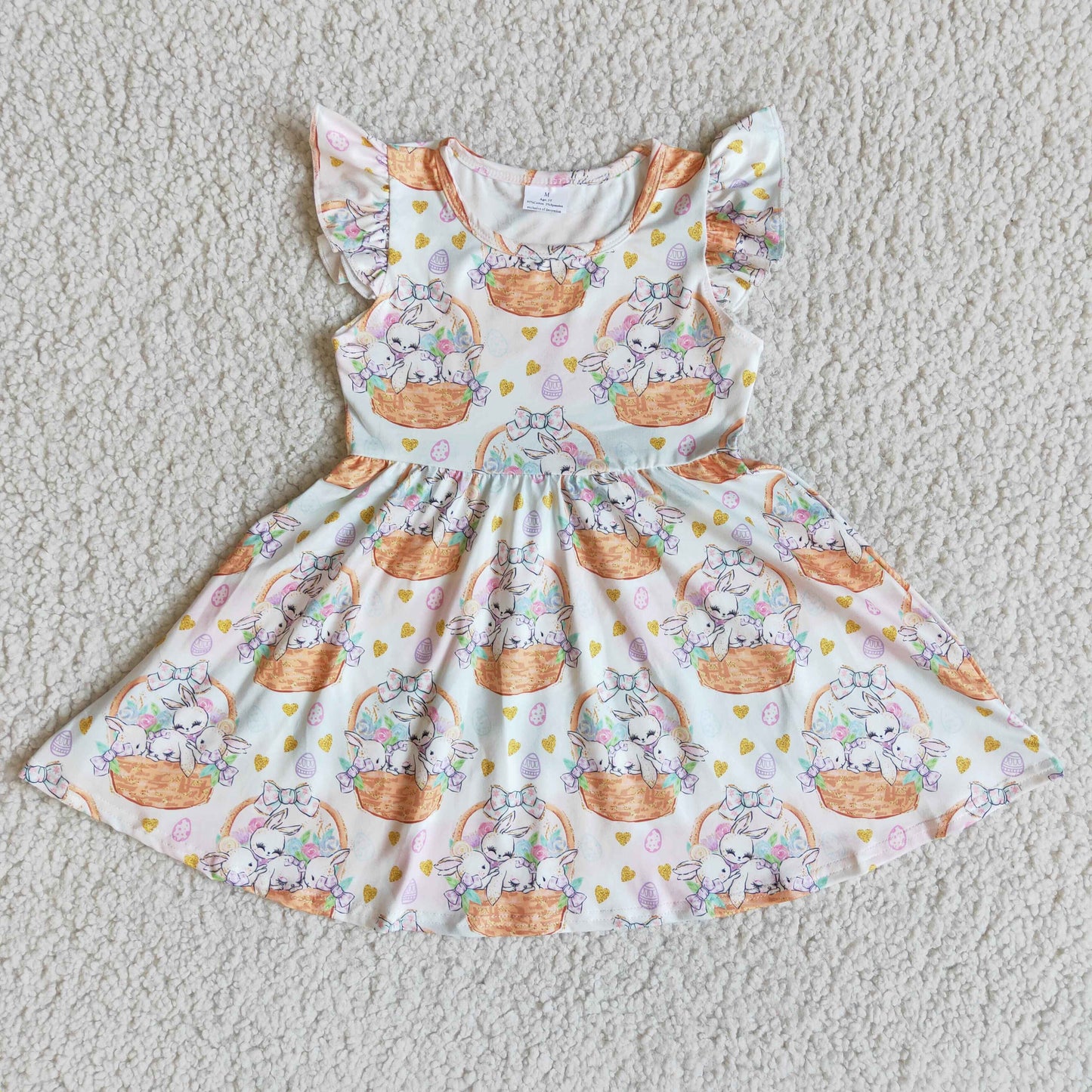Basket bunny print flutter sleeve baby girls easter dresses