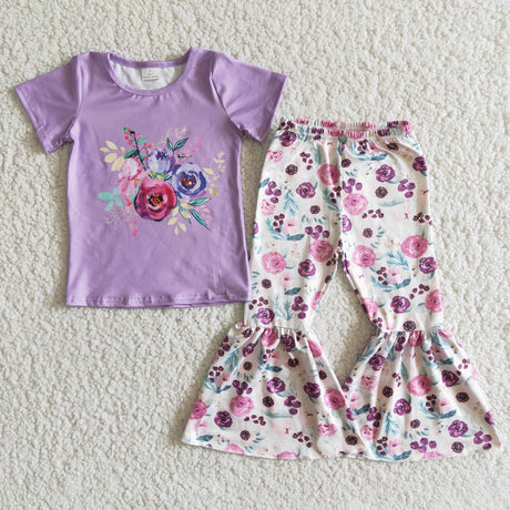 Purple floral short sleeve bell bottom pants girls spring clothing
