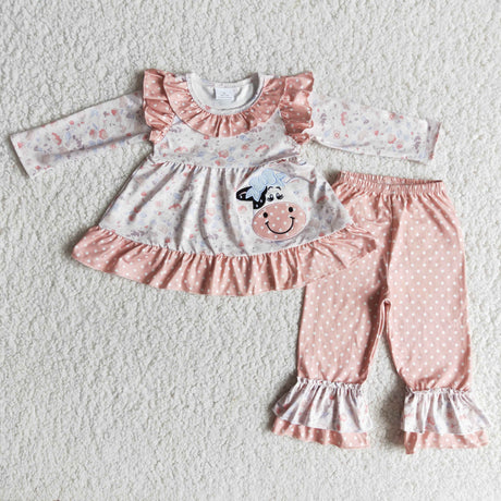 Flutter long sleeve cow embroidery tunic ruffle pants girls boutique outfits