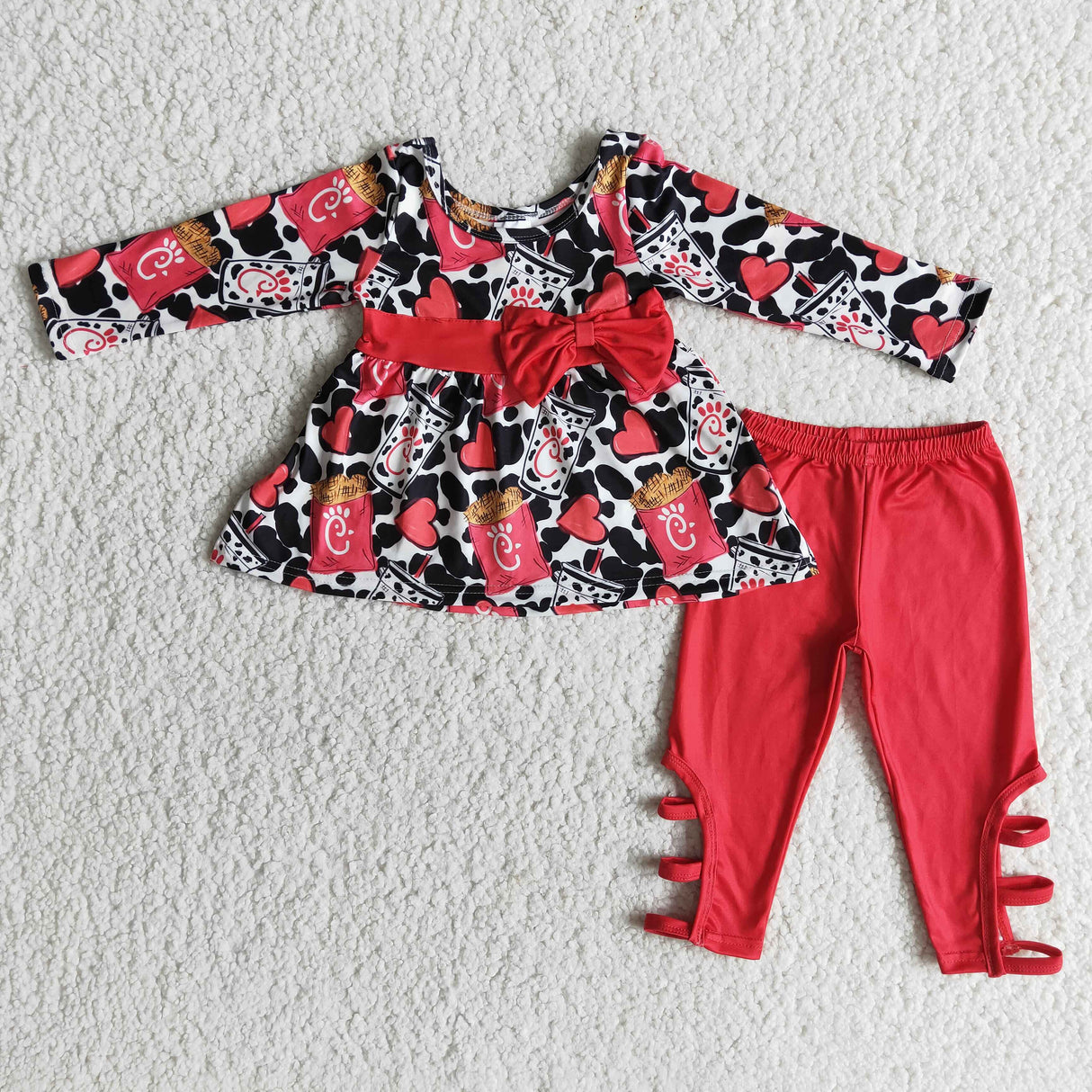 Red bow fries cow tunic criss cross leggings kids girls clothing
