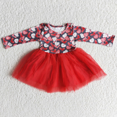 Heart print long sleeve tulle baby girls valentine's dresses