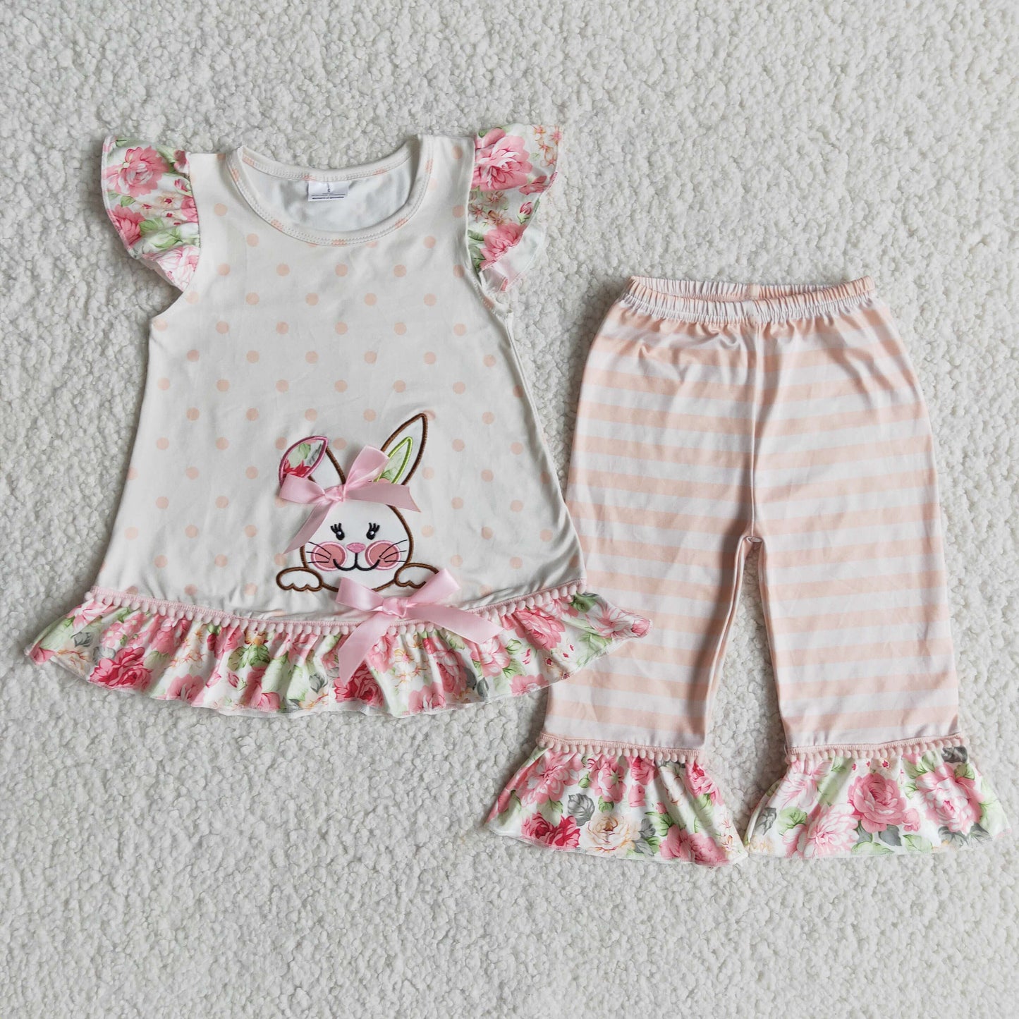 Bunny embroidery floral shirt stripe capris baby girls easter clothing