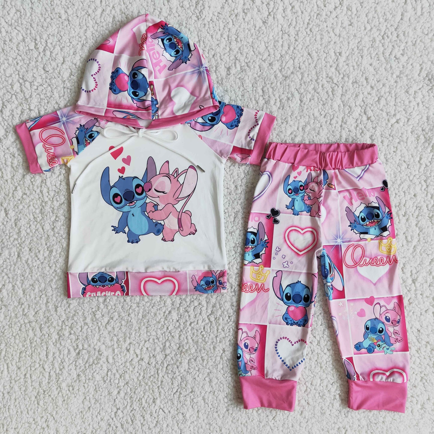 Short sleeve koala heart print girls pink valentine's hoodie set