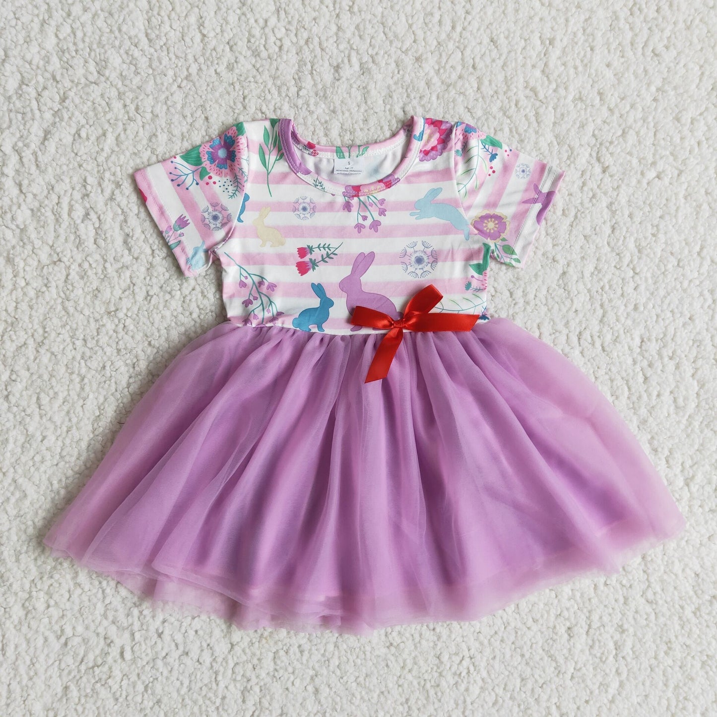 Short sleeve bunny print purple tulle baby girls dresses