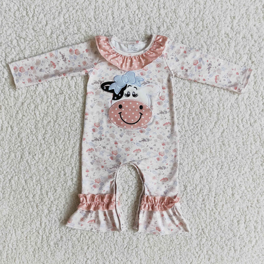 Cow embroidery long sleeve ruffle pants baby rompers