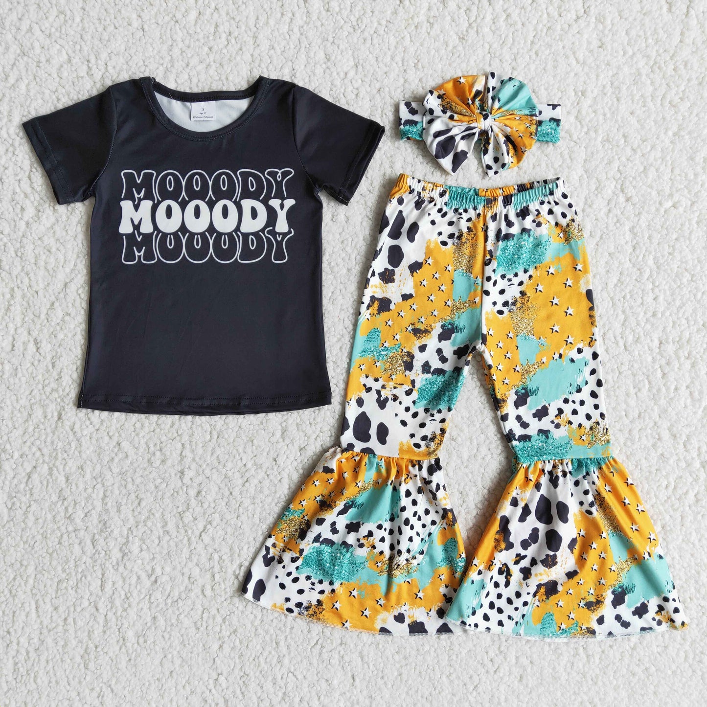 Moody black shirt cow print baby girls clothing set
