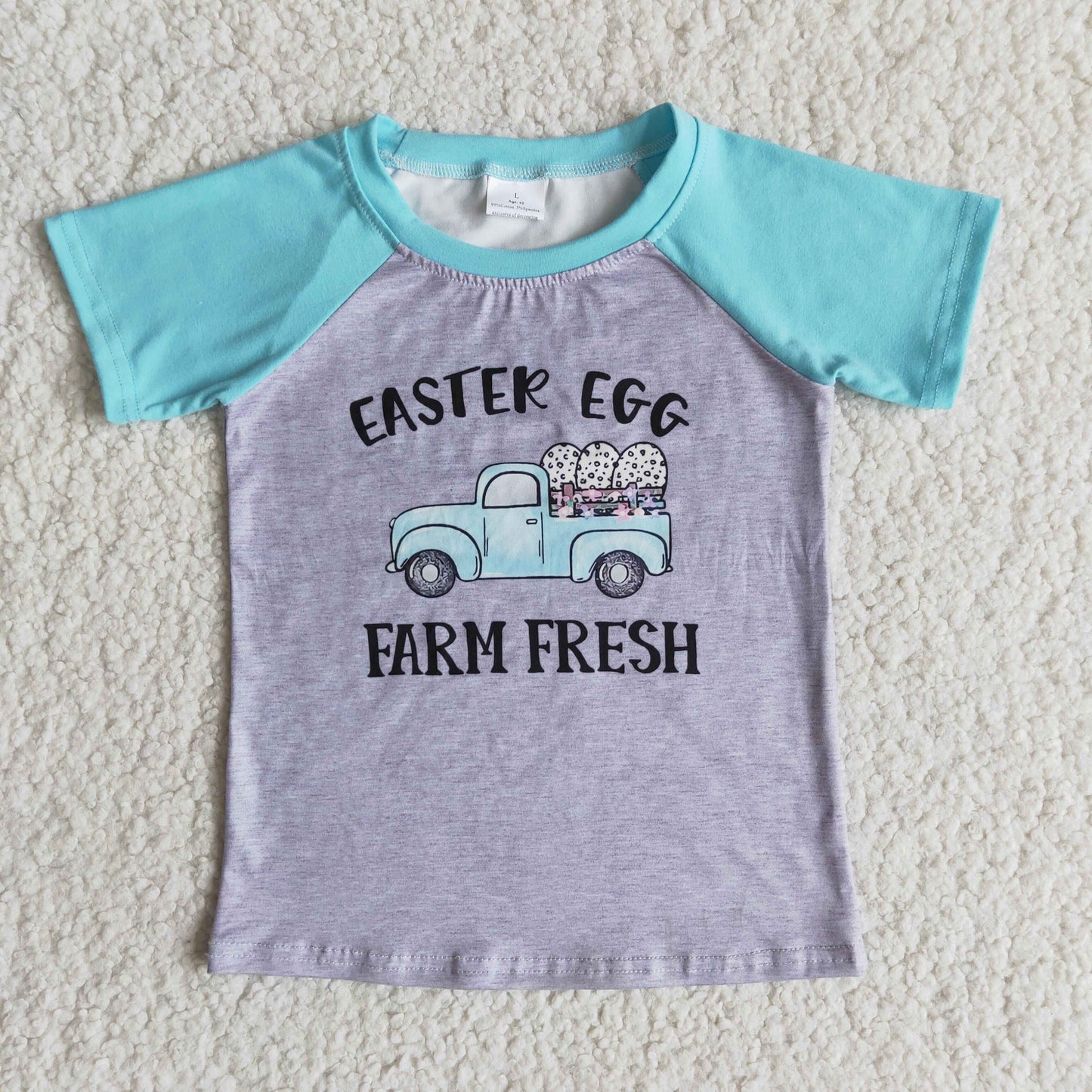 Blue short sleeve easter egg farm fresh kids shirt boy raglans