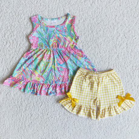 Colorful sleeveless tunic plaid shorts girls summer clothing