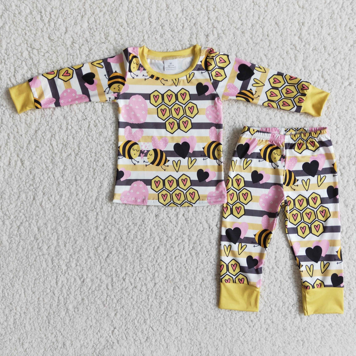 Bee heart print long sleeve kids children valentine's pajamas